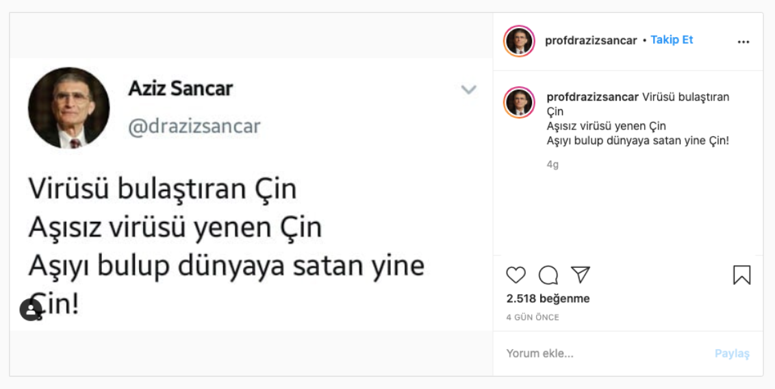 aziz sancar parodi instagram paylasimi