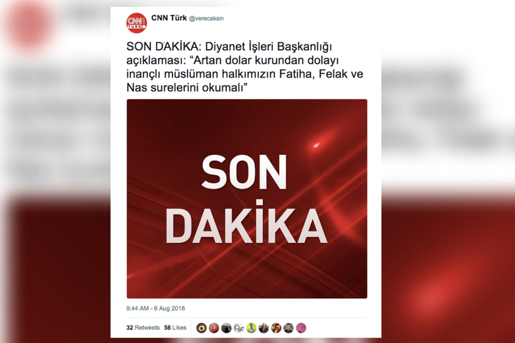 CNN Türk'ün attığı tweette Diyanet İşleri Başkanlığı’nın dolar hakkındaki açıklamasının yer aldığı iddiası