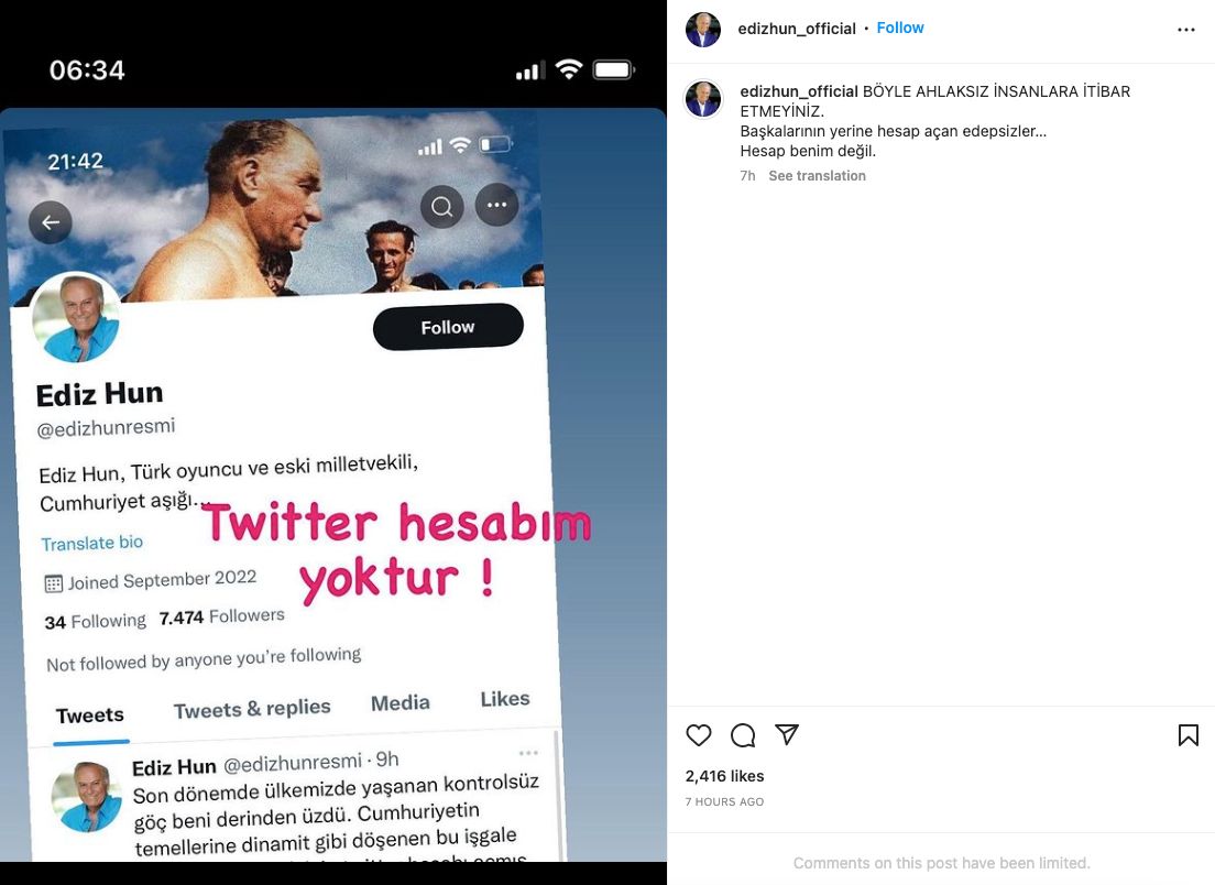 ediz hun sahte twitter hesabi instagram