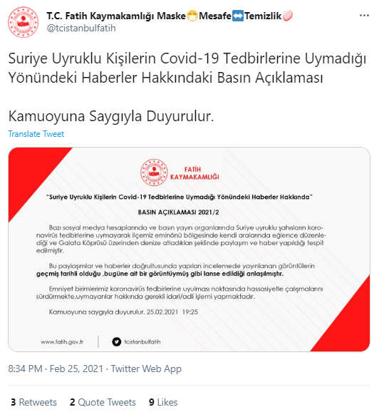 fatih kaymakamligi suriyeliler aciklama