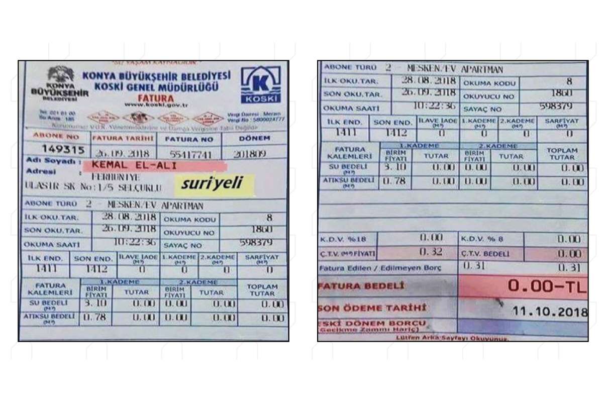 The claim that a water bill shows free water usage of a Syrian refugee in Konya