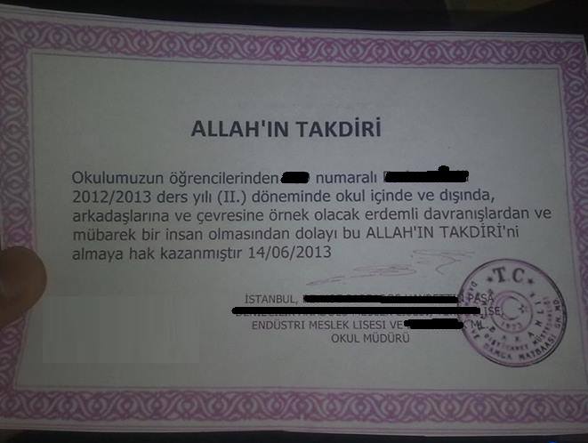 Görselin bir okul tarafından verilen ‘Allah’ın Takdiri’ belgesini gösterdiği iddiası