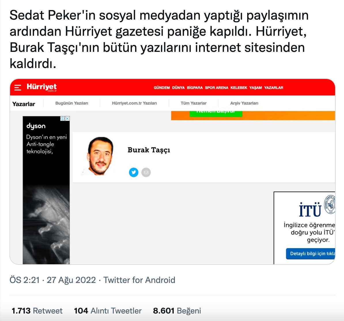 hurriyet burak tasci yazilarinin kaldirildigi iddiasi