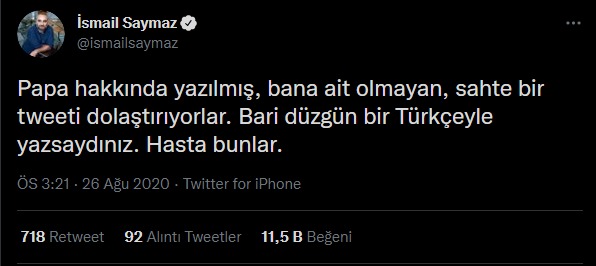 ismail saymaz papa tweeti benim degil