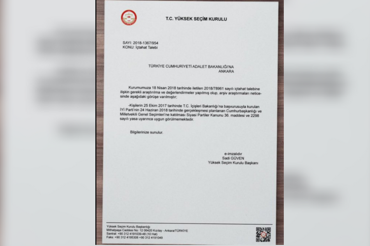 İyi Parti'nin seçimlere giremeyeceğini belirten YSK belgesi