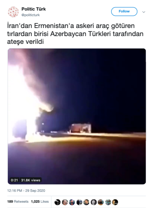 politic turk videonun ermenistana yardima giden tirlarin azerbaycanlilar tarafindan yakildigini gosterdigi iddiasi