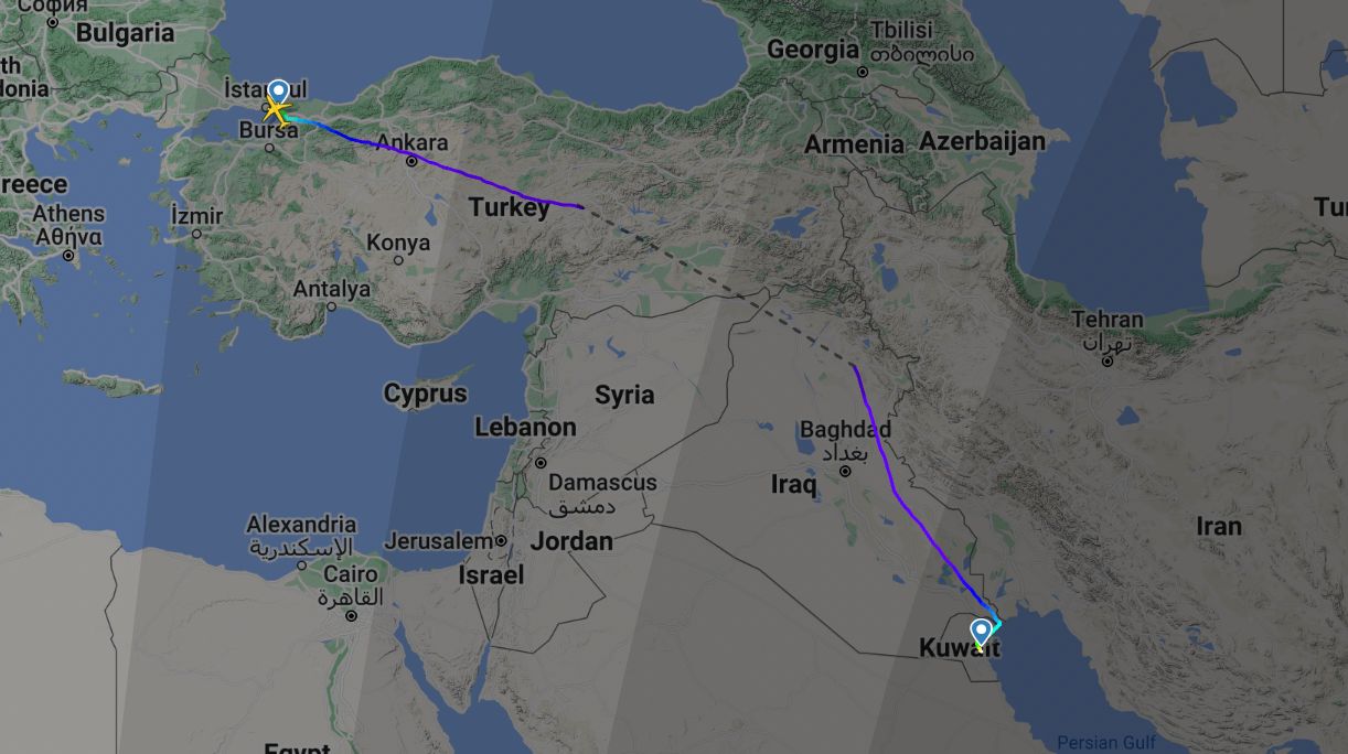 turkiye kuveyt arasi ucus kesik cizgiler flight radar