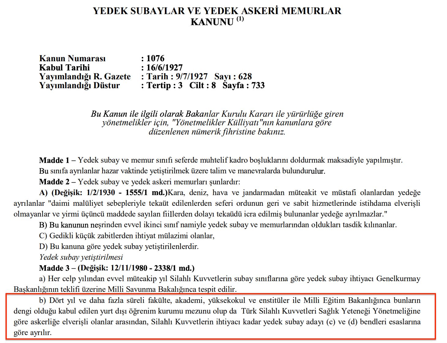 yedek subaylik sarti kanun